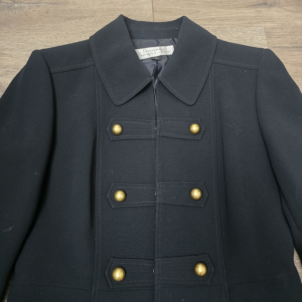 Tahari Black Trench Coat Gold Buttons Military Old Money Preppy Nautical - Picture 2 of 11
